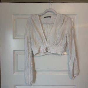Zara Cropped White Linen Long Sleeve Blouse